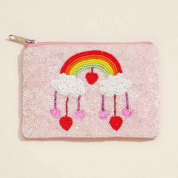 Beaded Rainbow Hearts Clutch with Pink Sequin Zip
