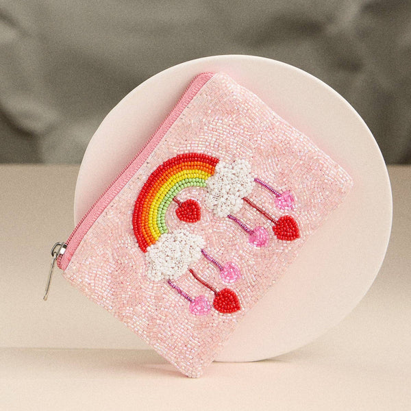 Beaded Rainbow Hearts Clutch with Pink Sequin Zip
