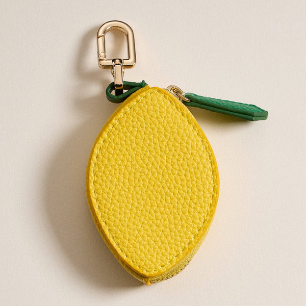 Lemon-Shaped Leather Pouch Keychain with Gold Clasp