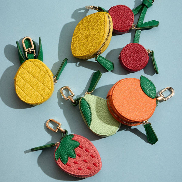 Lemon-Shaped Leather Pouch Keychain with Gold Clasp